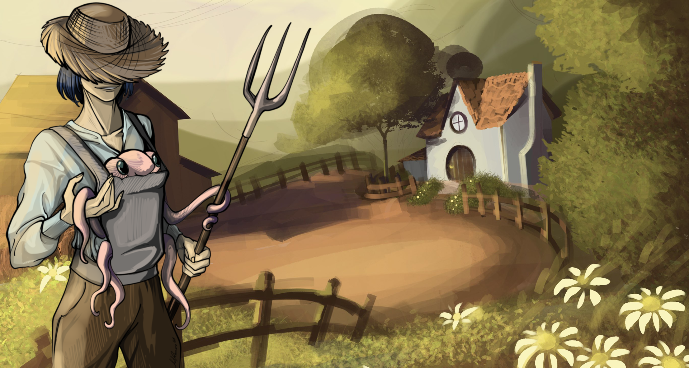 Illustration of a farmer holding a small pink alien beside a cottage and a sunlit garden.