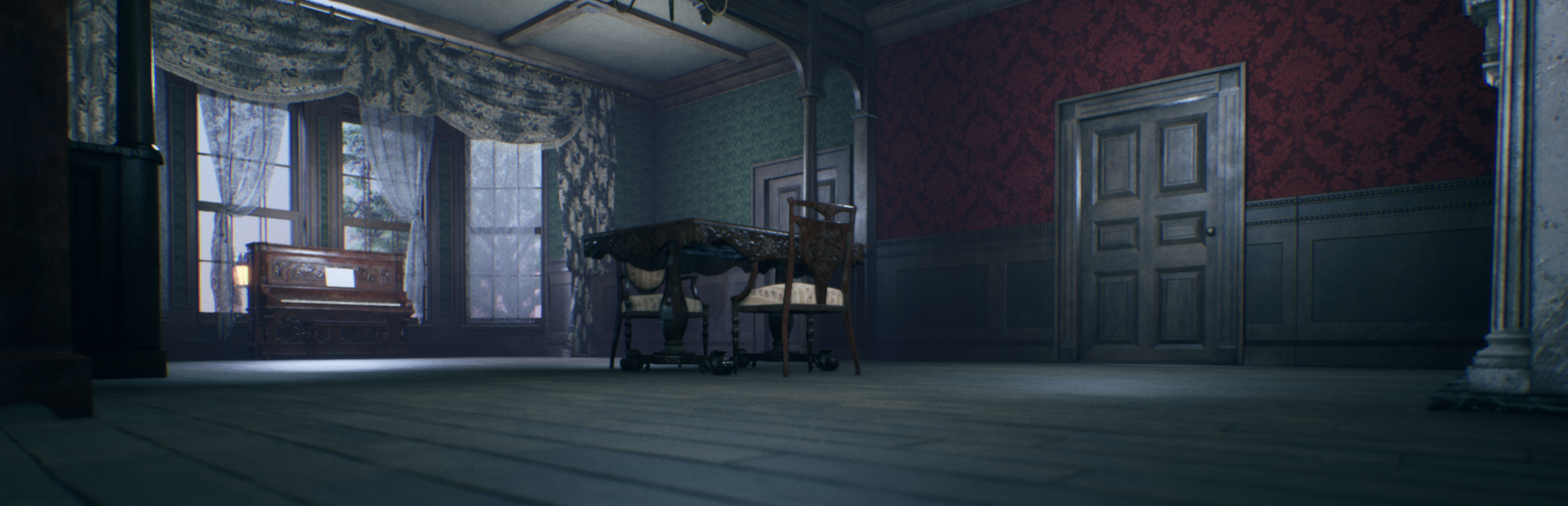 A dimly lit room with a piano, tall windows, and a dining table.