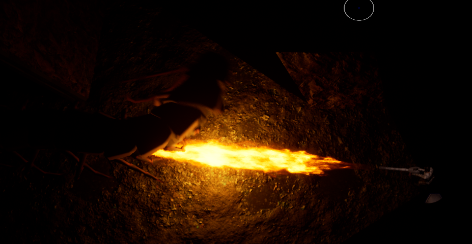 Flamethrower lighting up a dark tunnel, shown from above.